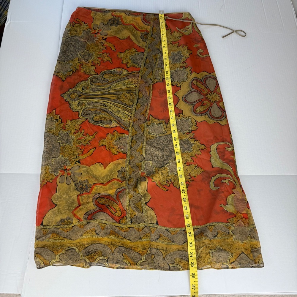 Dana Buchman Silk Maxi Wrap Skirt Orange Paisley Floral Tie Waist Lined Size 12 - Picture 7 of 7